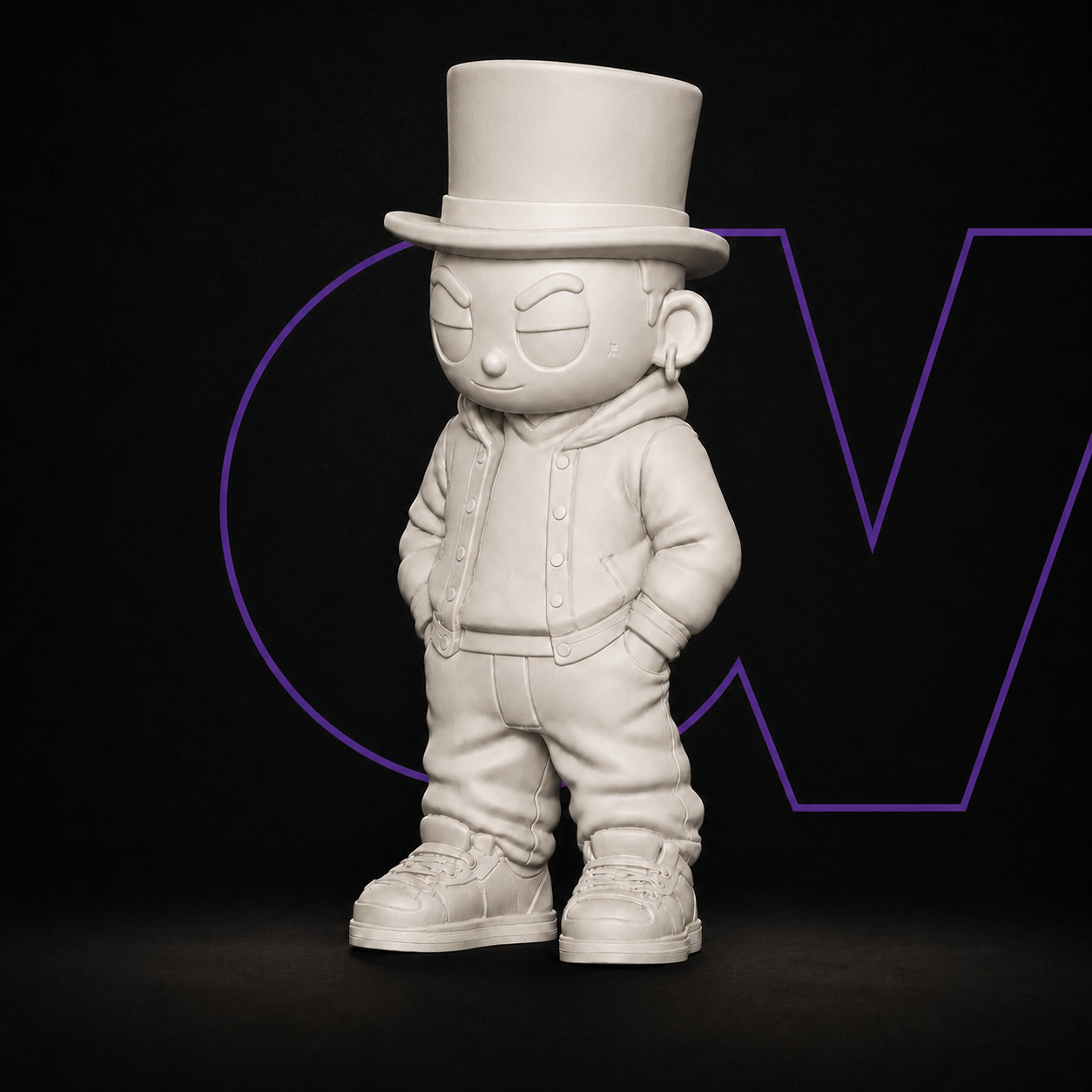 Monochrome clay visualization of MR. MOX against a black OVYR gallery background